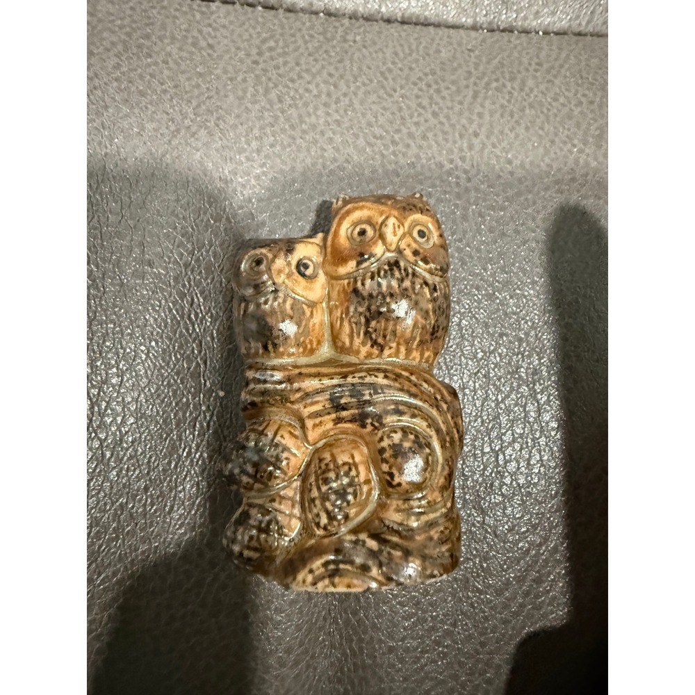 Vintage Ceramic Double Owl Figurine Miniature Brown Glazed Bird Pottery Decor
